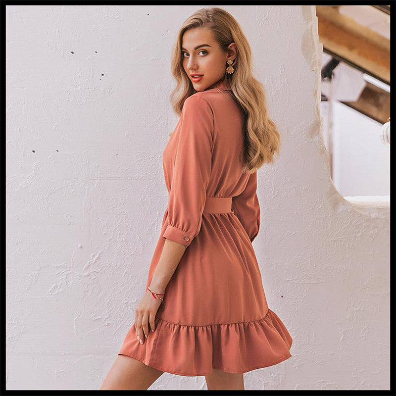 3/4 sleeve belt skirt ruffled retro style slim dress