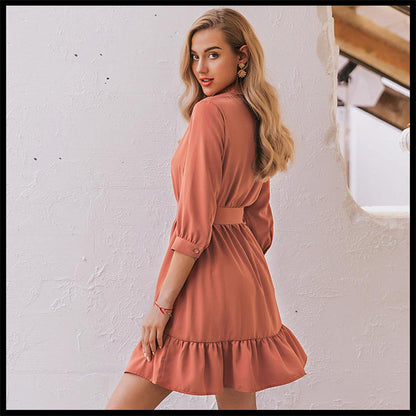 3/4 sleeve belt skirt ruffled retro style slim dress