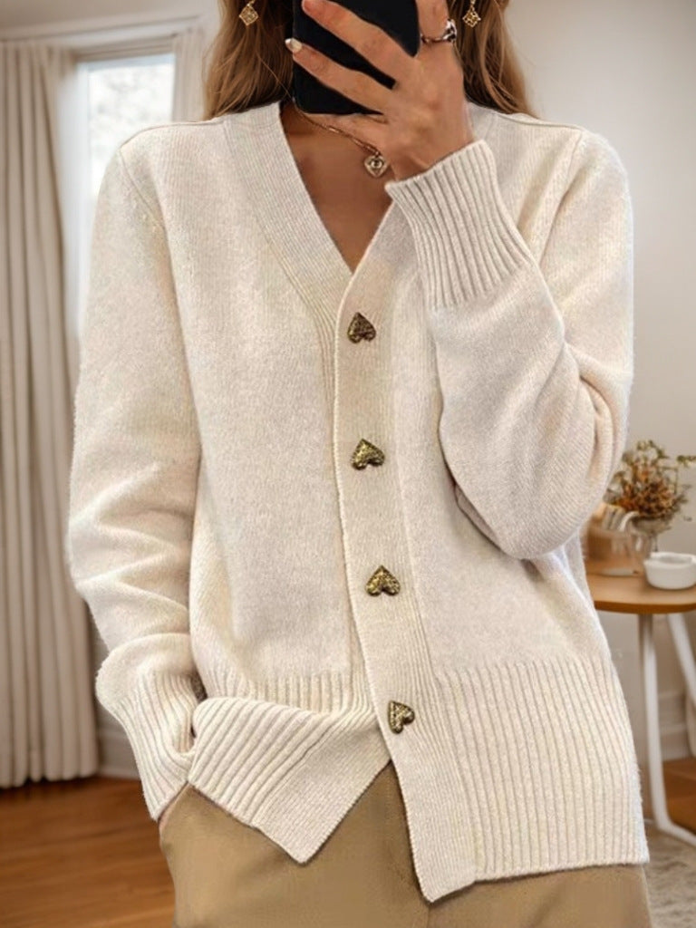 V-neck Knitted Sweater With Love Button Fashion Solid Long-sleeved Cardigan Spring And Autumn Women's Clothing