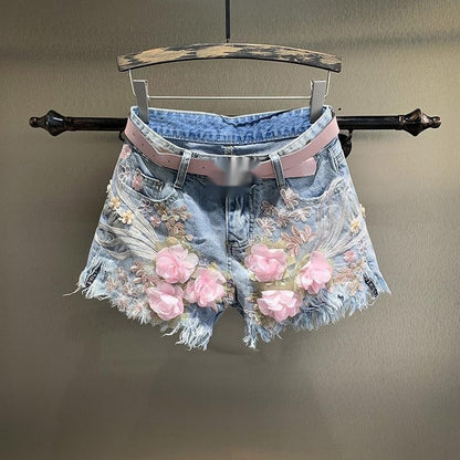 New Embroidery Beads Loose Straight Denim Shorts Women