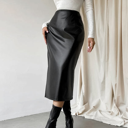 Commuter French Sheath PU Leather Skirt Autumn And Winter Black Slit Straight Skirt