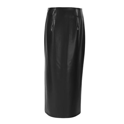 Commuter French Sheath PU Leather Skirt Autumn And Winter Black Slit Straight Skirt