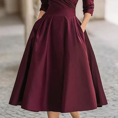 Women's Elegant Solid Cross V-Neck Midi Dress With Flared Skirt And Pockets Spring Summer Formal Dress