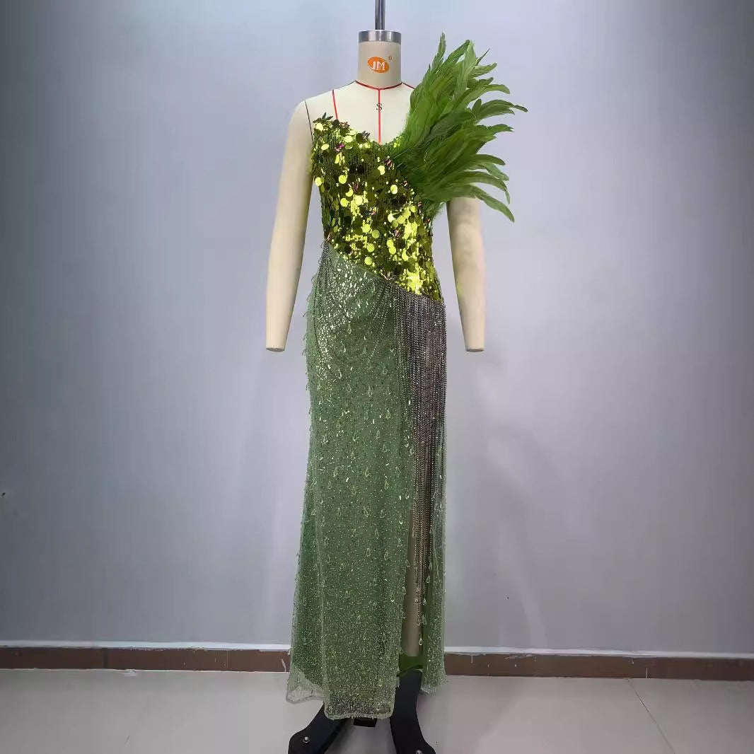 Green Sequins Luxury Feather Sexy High Split Tube Top Dress