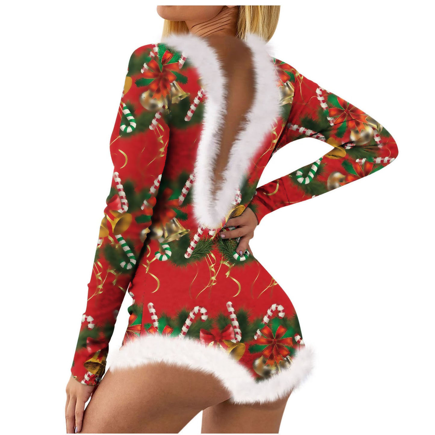 Christmas Women's Top Printed Sexy Long Sleeve V-neck Backless Furry Jumpsuit