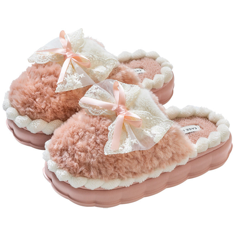 Bow Cotton Slippers Women's Warm Non-slip