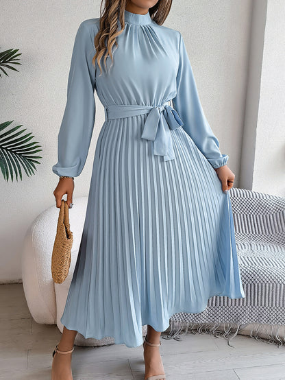 Elegant Stand Collar Long Sleeve Cinched Pleated Dress