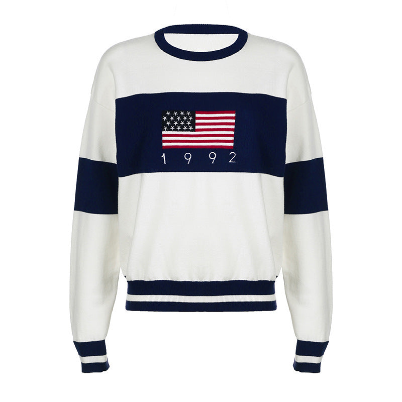 American Preppy Style Round Neck Long Sleeve Woolen Top