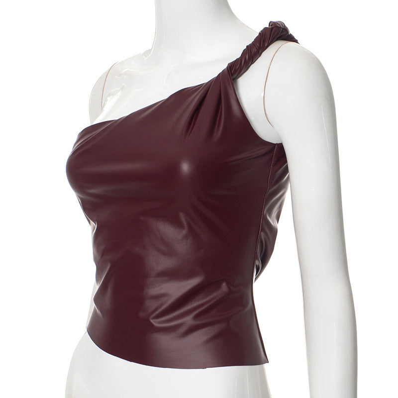 Leather One-shoulder Waist Slant Sleeveless Top