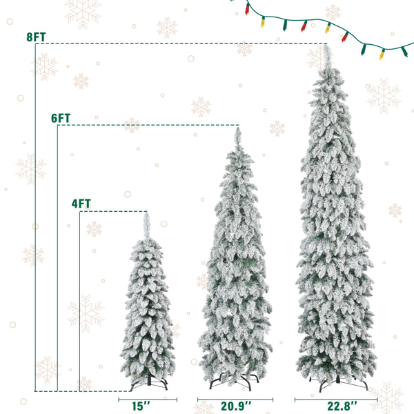 8FT, 6FT, 4FT Pre-Lit Pencil Christmas Trees, 3-set Slim Artificial Christmas Tree With Snow Flocking, Xmas Holiday Decoration Tree, 520 LED Lights