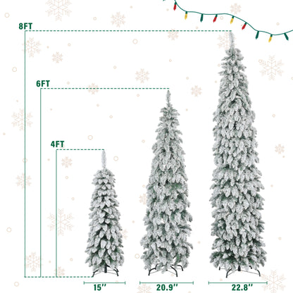 8FT, 6FT, 4FT Pre-Lit Pencil Christmas Trees, 3-set Slim Artificial Christmas Tree With Snow Flocking, Xmas Holiday Decoration Tree, 520 LED Lights
