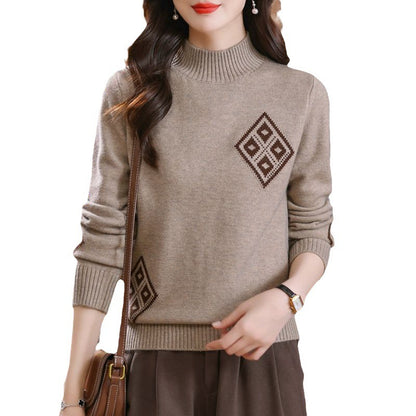 Winter Mock Neck Sweater Women's Western Style Top Plaid Colorblock Knitted