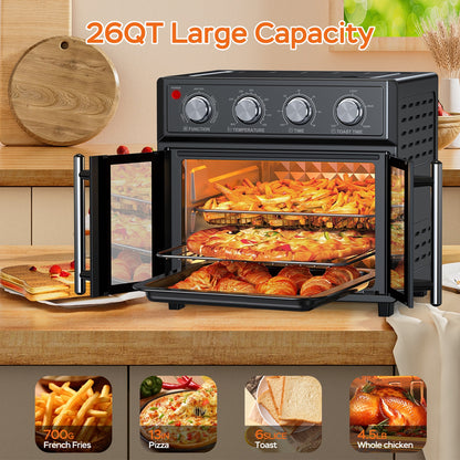 29.5 QT Air Fryer Convection Toaster Oven, French Door, 6 Slices, 1700W, Multifunction Oven, Air Fryer, Toast, Grill, Defrost, Bake, Time And Temperature Controls, Black