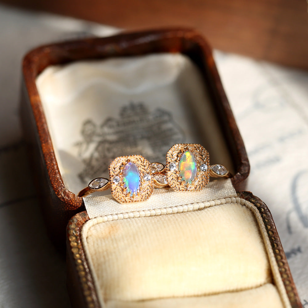 S925 Silver Wheat Ear Of Rice Opal Opal Ring Light Luxury Jewelry