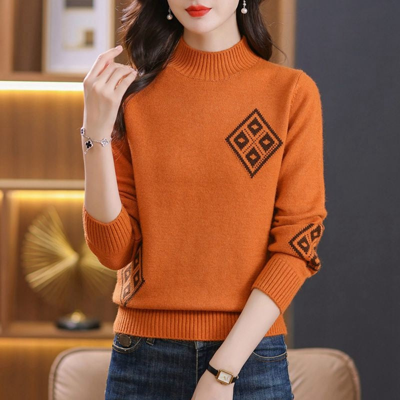 Winter Mock Neck Sweater Women's Western Style Top Plaid Colorblock Knitted