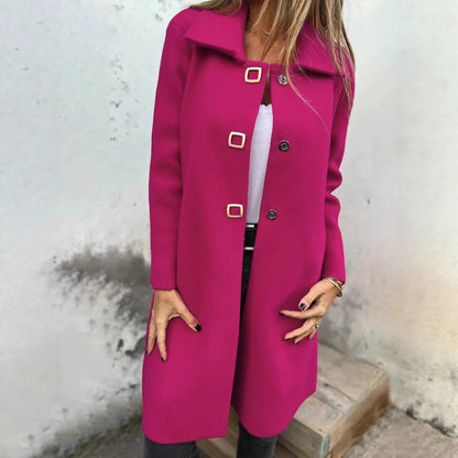 Women's Solid-color Mid-length Wool Coat With A Single-breasted Design