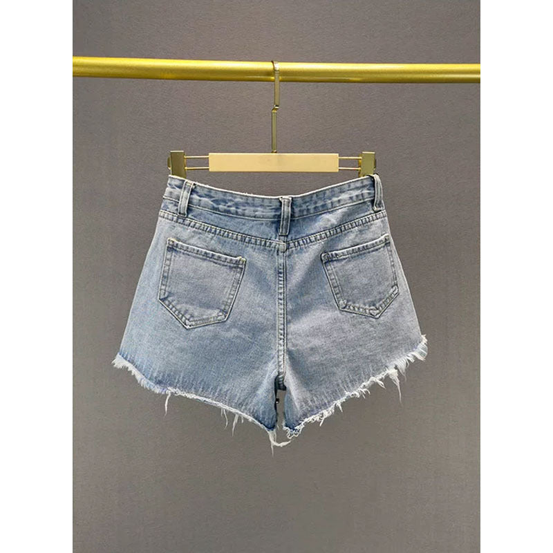 Short en jean à jambe large avec trous tendance pour femme