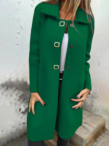 Women's Solid-color Mid-length Wool Coat With A Single-breasted Design