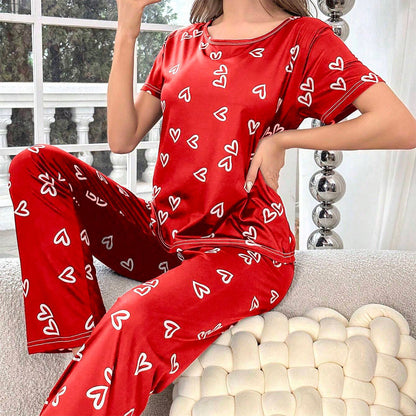 Printed Round Neck Short-sleeved Trousers Two-piece Suit Comfortable Home