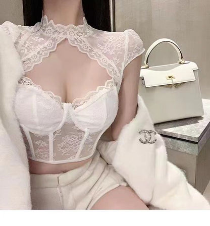 European And American Style Lace Diamond Sexy Cutout Steel Ring Fishbone Slim Fit Crop-top Short Top