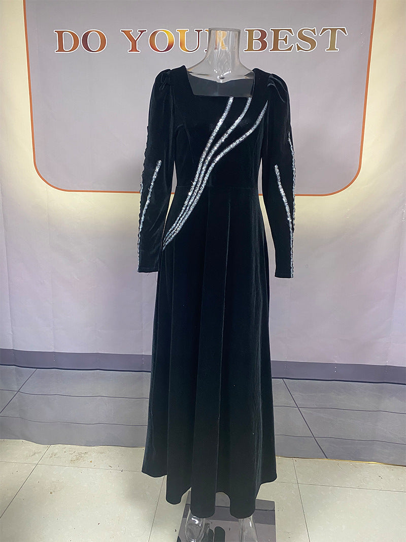 Long Sleeve Rhinestone Maxi Dress