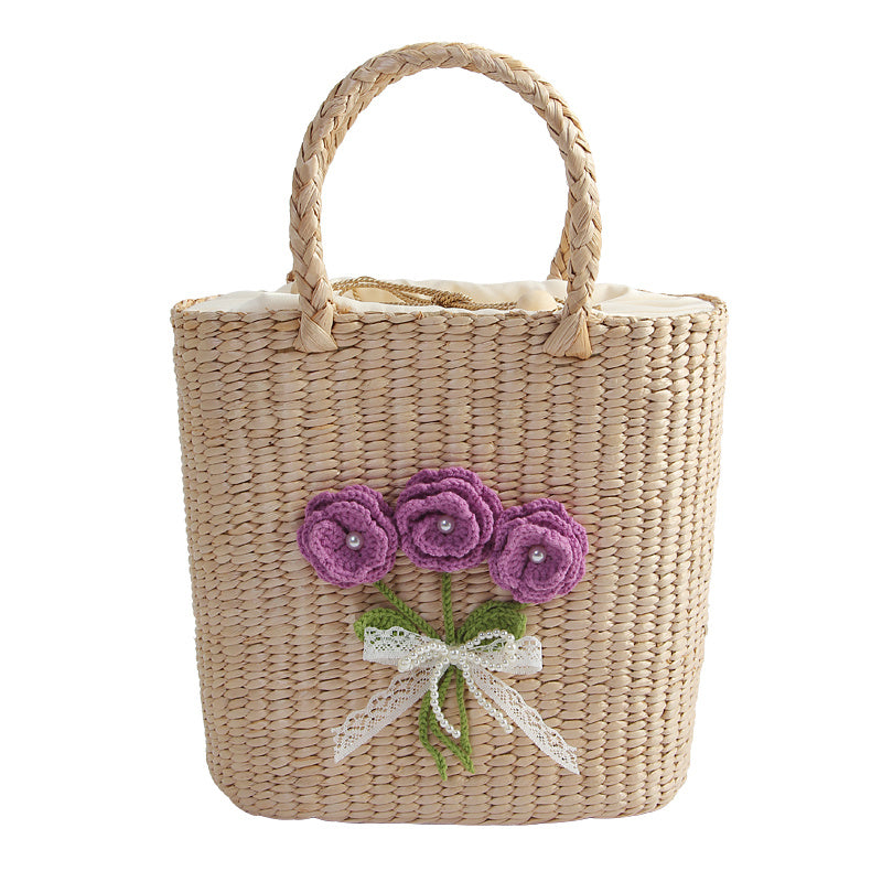 Sac en paille tissé à la main décontracté carré vertical fleur violet