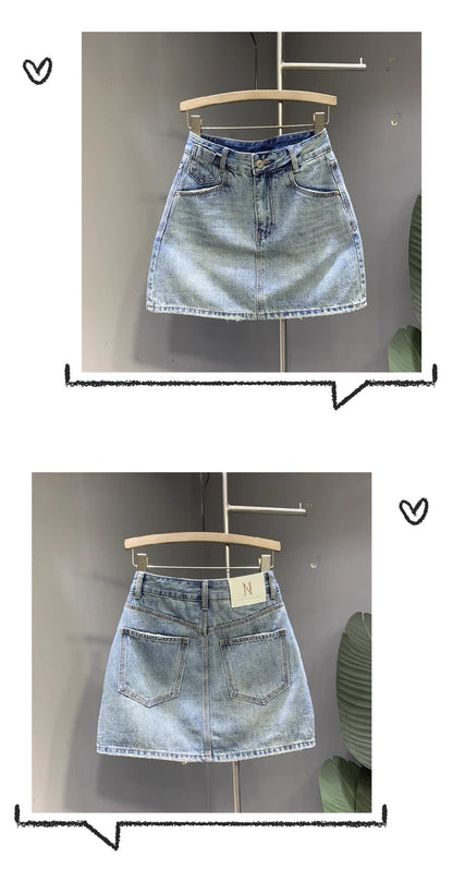 Jupe en jean délavée à la mode pour femme Jupe simple, gracieuse et polyvalente pour les hanches Jupe trapèze de niche