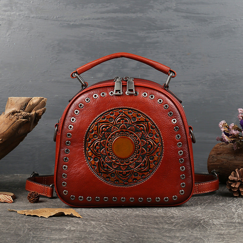 Retro Original First Layer Cowhide Round Hole Totem Shoulder Bag