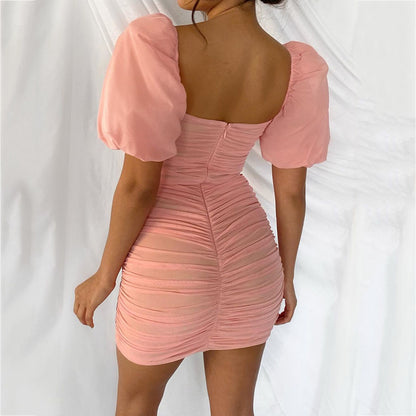 Sexy mesh see-through square neck bubble skirt