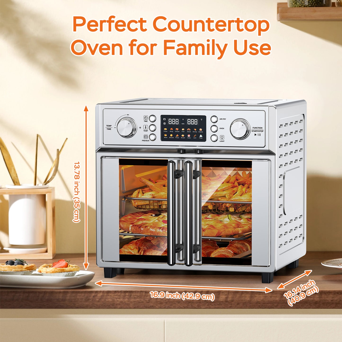 29.5QT French Door Air Fryer Toaster Oven Combo, 14 Presets, Digital Control, Stainless Steel, For Baking, Roasting, Includes Accessories,Silver