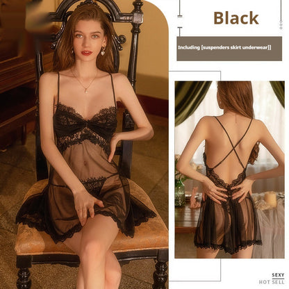 Deep V Lace See-through Mesh Spaghetti-strap Dress Generation Hair