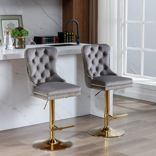 A&A Furniture,Thick Golden Swivel Velvet Barstools Adjusatble Seat Height From 25-33 Inch, Modern Upholstered Bar Stools With Backs Comfortable Tufted For Home Pub And Kitchen Island Gray,Set Of 2
