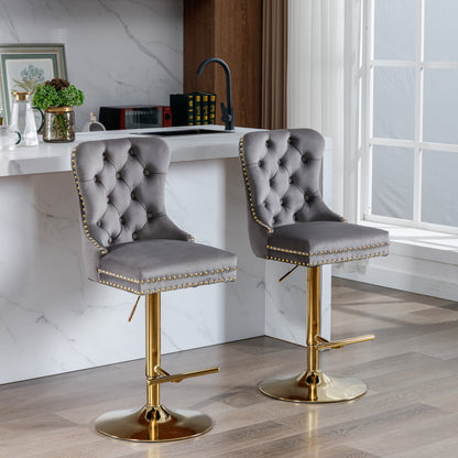 A&A Furniture,Thick Golden Swivel Velvet Barstools Adjusatble Seat Height From 25-33 Inch, Modern Upholstered Bar Stools With Backs Comfortable Tufted For Home Pub And Kitchen Island Gray,Set Of 2