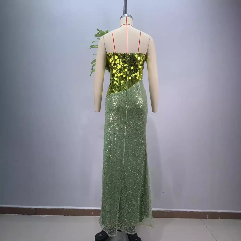 Green Sequins Luxury Feather Sexy High Split Tube Top Dress