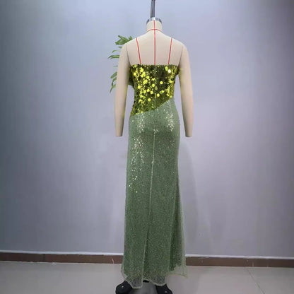 Green Sequins Luxury Feather Sexy High Split Tube Top Dress