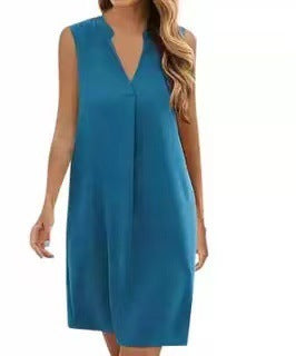 Robe ample sans manches élégante à col en V et couleur unie pour femme