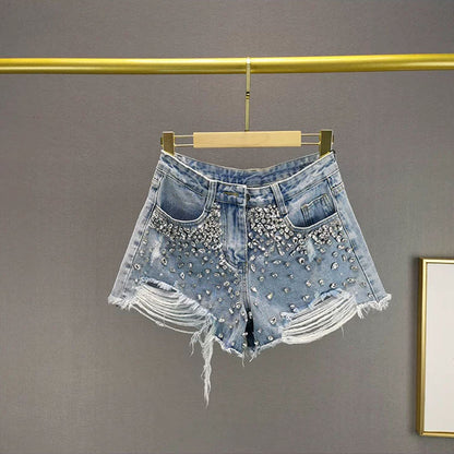 Short en jean à jambe large avec trous tendance pour femme