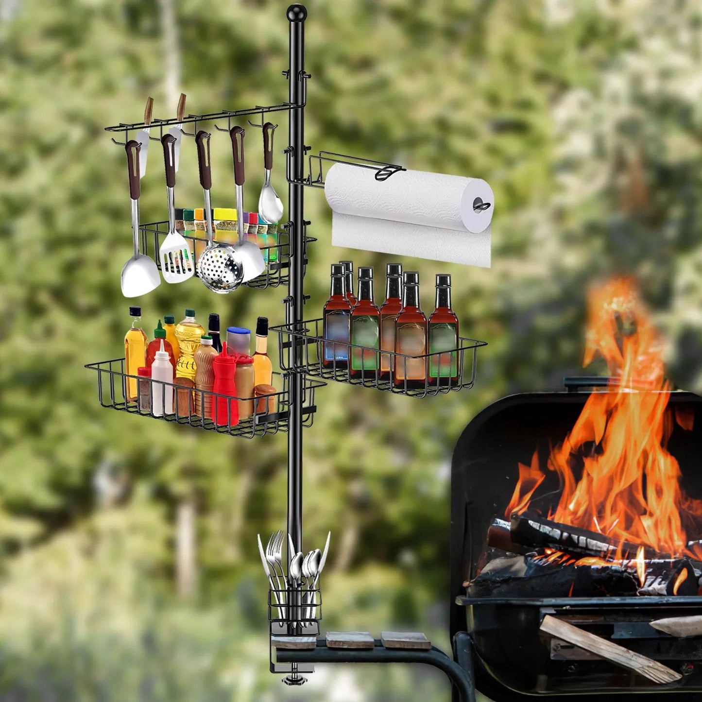 Griddle Caddy Standing Grill Utensil Caddy With Paper Towel Holder Hook Baskets BBQ Accessories Storage Rack Vertical Standing BBQ Organizer Grill Utensil Storage Fit For Blackstone Griddle