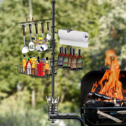 Griddle Caddy Standing Grill Utensil Caddy With Paper Towel Holder Hook Baskets BBQ Accessories Storage Rack Vertical Standing BBQ Organizer Grill Utensil Storage Fit For Blackstone Griddle