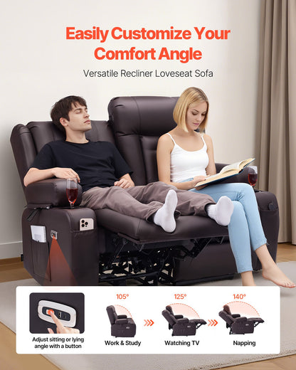 Loveseat Recliner Sofa, Power Reclining Couch With Heating & Massage And Timer, PU Leather Electric Recliner Sofa With USB Ports, Cup Holders And Side Bags, Dual Loveseat Chair For Living Room