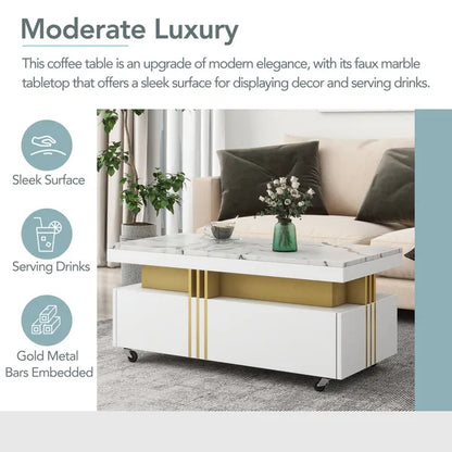 Coffee Table With Faux Marble Top, Rectangle Cocktail Table With Caster Wheels, Moderate Luxury Center Table With Gold Metal Bars For Living Room, White