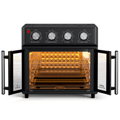 29.5 QT Air Fryer Convection Toaster Oven, French Door, 6 Slices, 1700W, Multifunction Oven, Air Fryer, Toast, Grill, Defrost, Bake, Time And Temperature Controls, Black