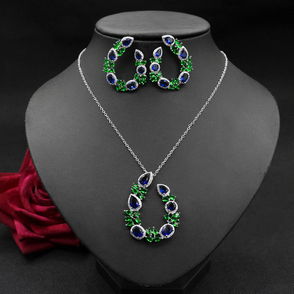 European And American Jewelry Luxury Necklace Set Diamond Zircon Emerald Earrings