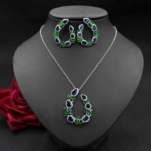 European And American Jewelry Luxury Necklace Set Diamond Zircon Emerald Earrings