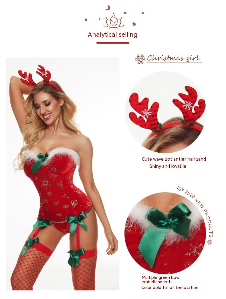 Polyester Red Christmas One-piece Lingerie Uniform Temptation Elk Headdress Jumpsuit