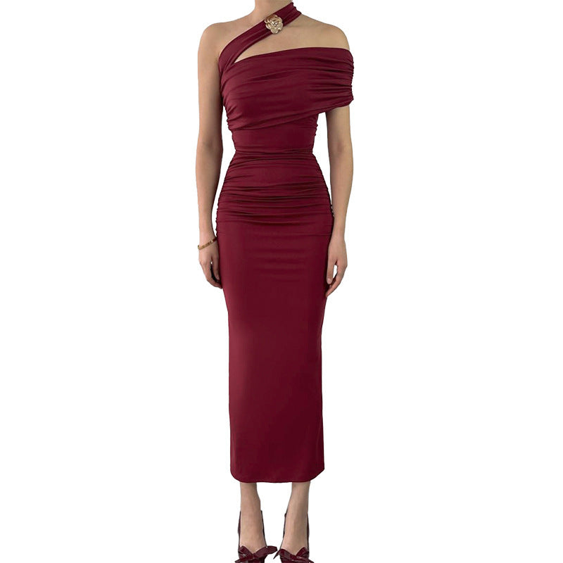 Slant Shoulder Waist Dress Women's Slim-fit Halter Women