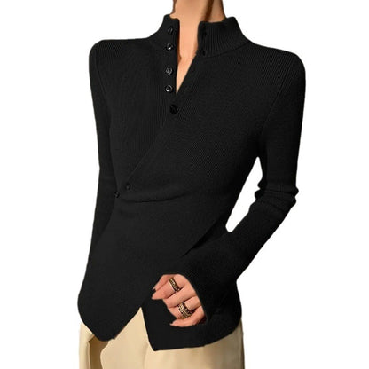 Sweet And Spicy Sweater Stand Collar Cross Button Top