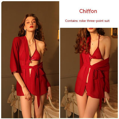 Perspective Chiffon Outer Robe Three Point Underwear Set