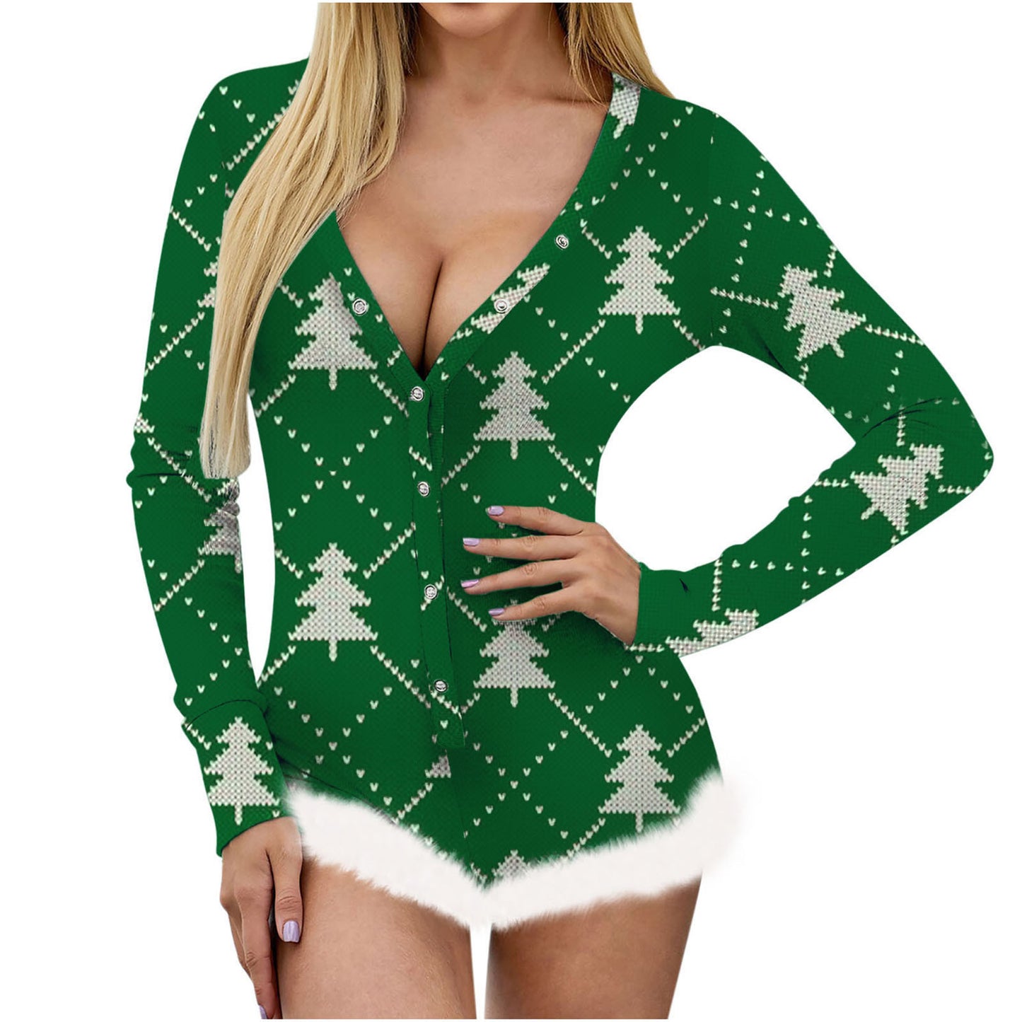 Christmas Women's Top Printed Sexy Long Sleeve V-neck Backless Furry Jumpsuit