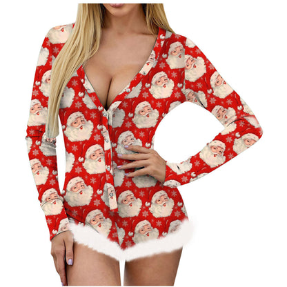 Christmas Women's Top Printed Sexy Long Sleeve V-neck Backless Furry Jumpsuit